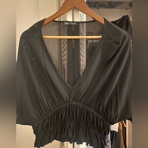 Zara Black Sheer bat-wing cinched waist top